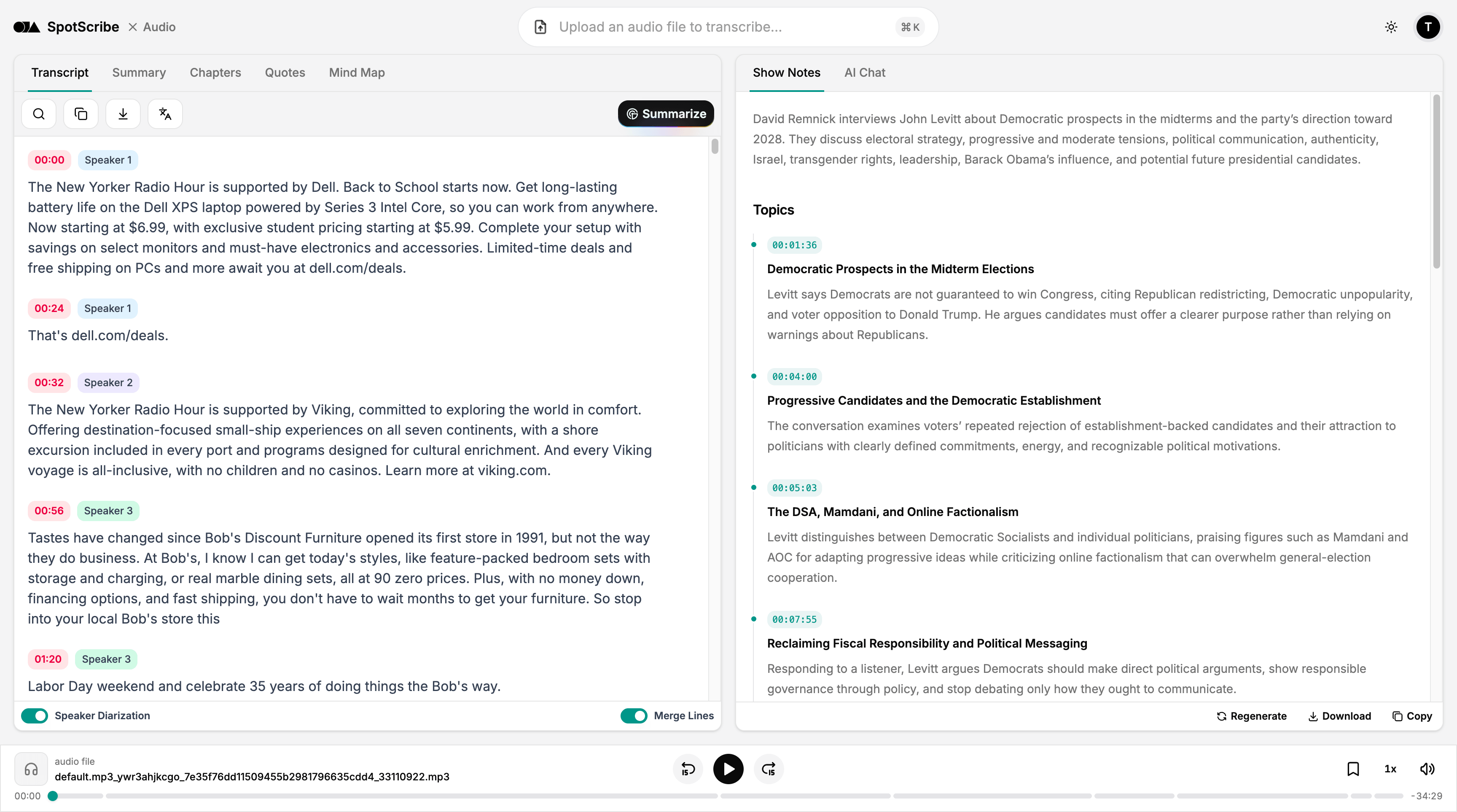 Transcribe audio to text with multiple speakers