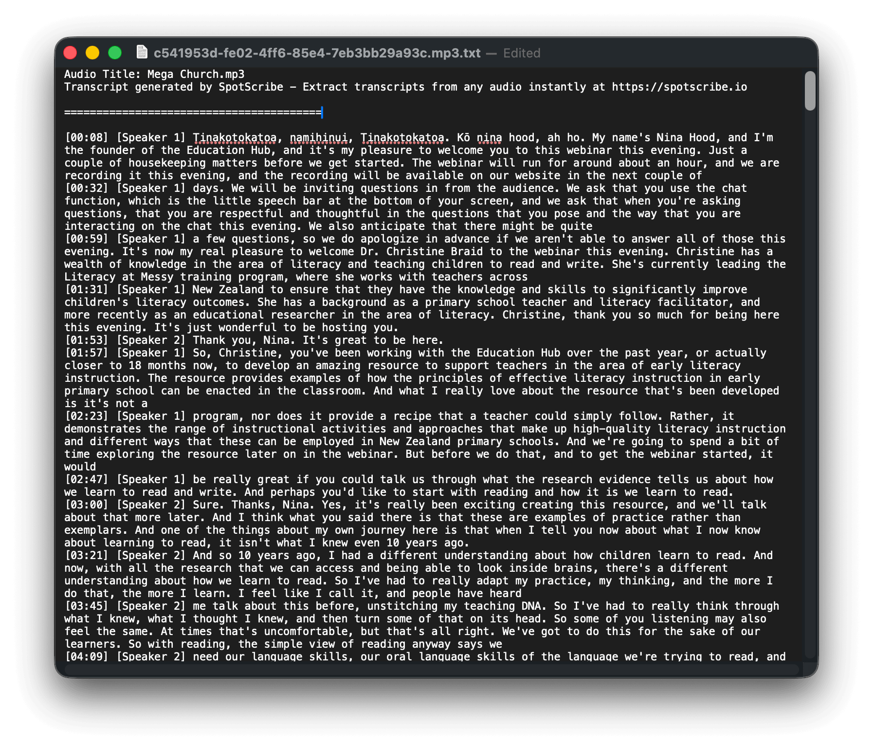 Edit a word-for-word transcript and its speaker labels
