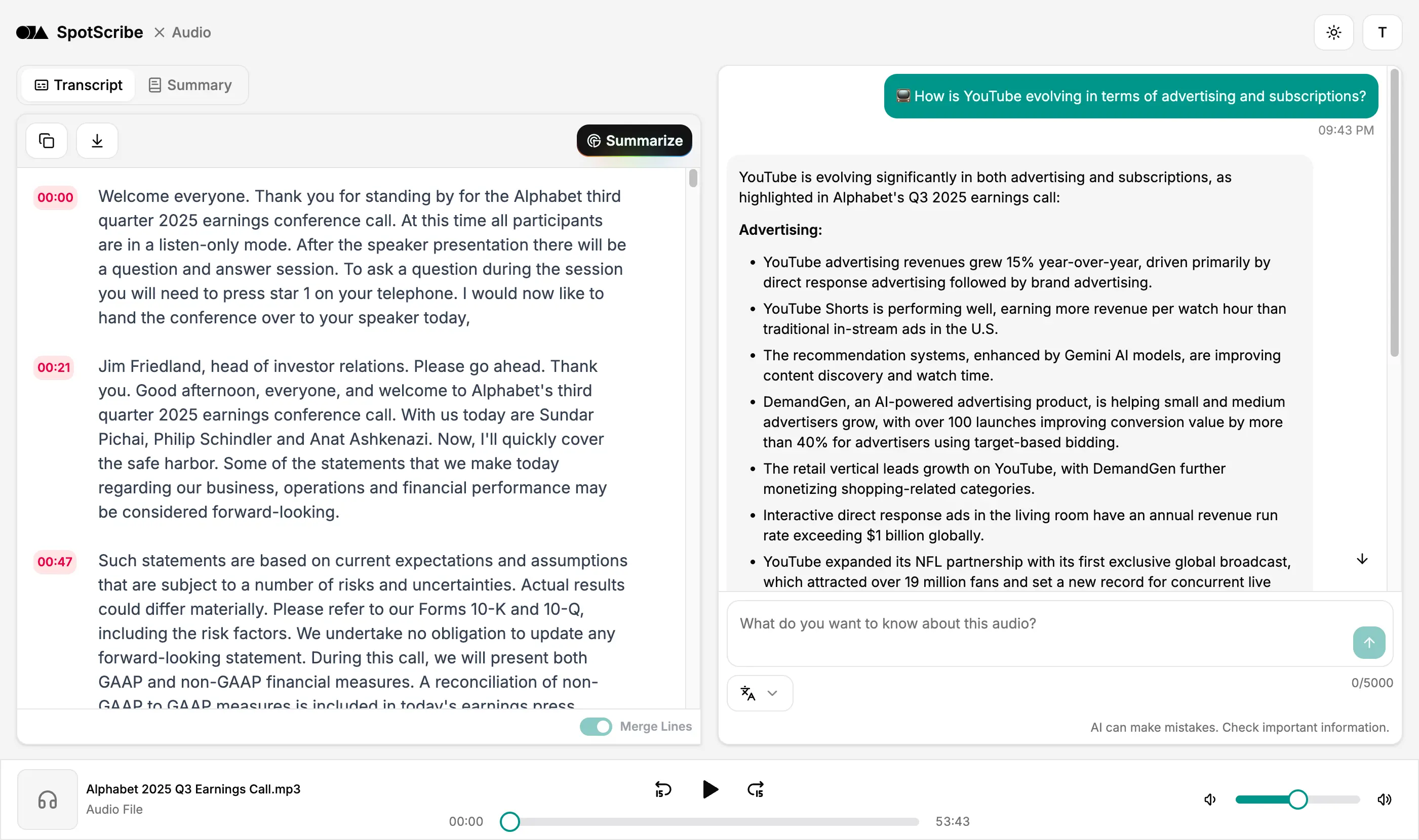 A screenshot of SpotScribe that shows how to works well with accents, dialects, and low-quality audio