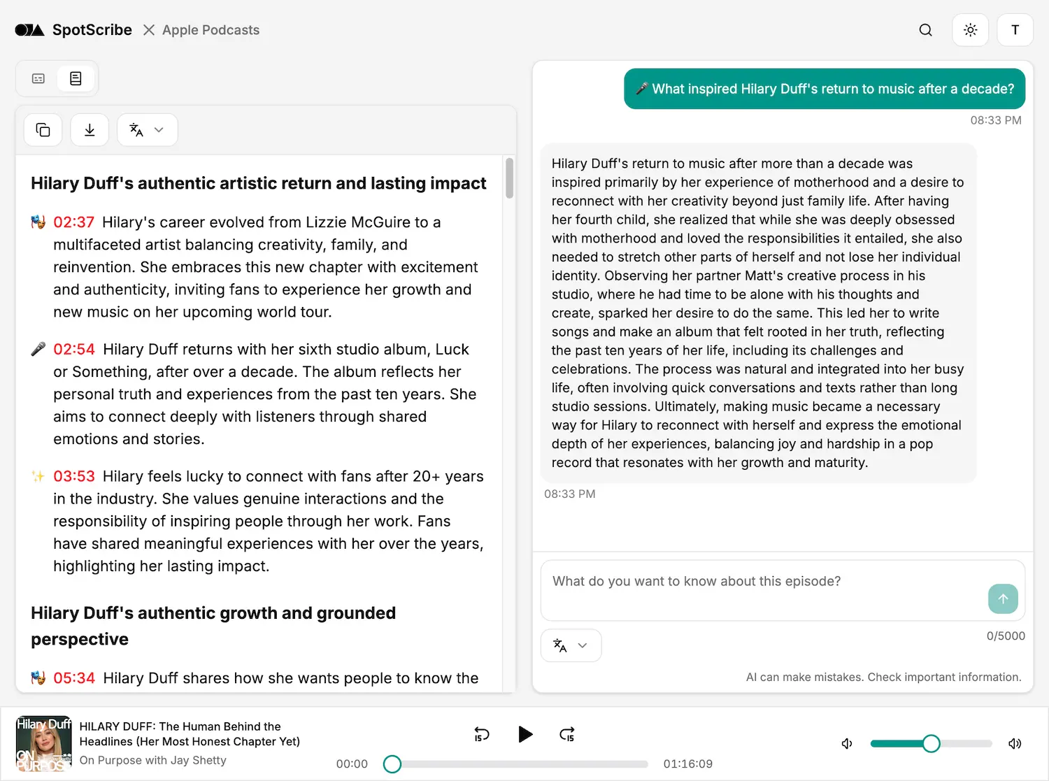 A screenshot of the SpotScribe app that shows ways to chat with your podcasts and get summaries
