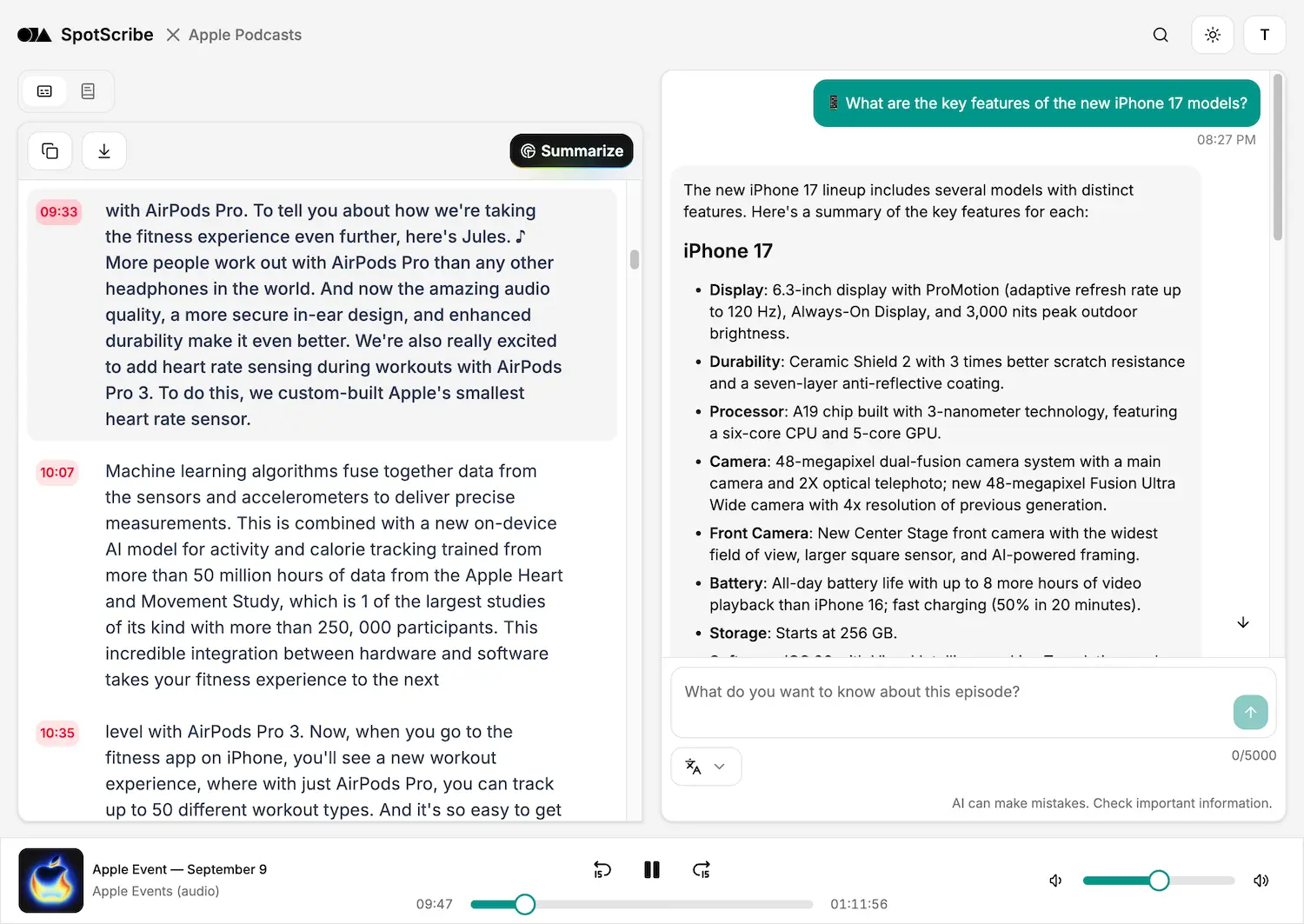 A screenshot of the SpotScribe app that shows ways to get Apple Podcast Transcripts