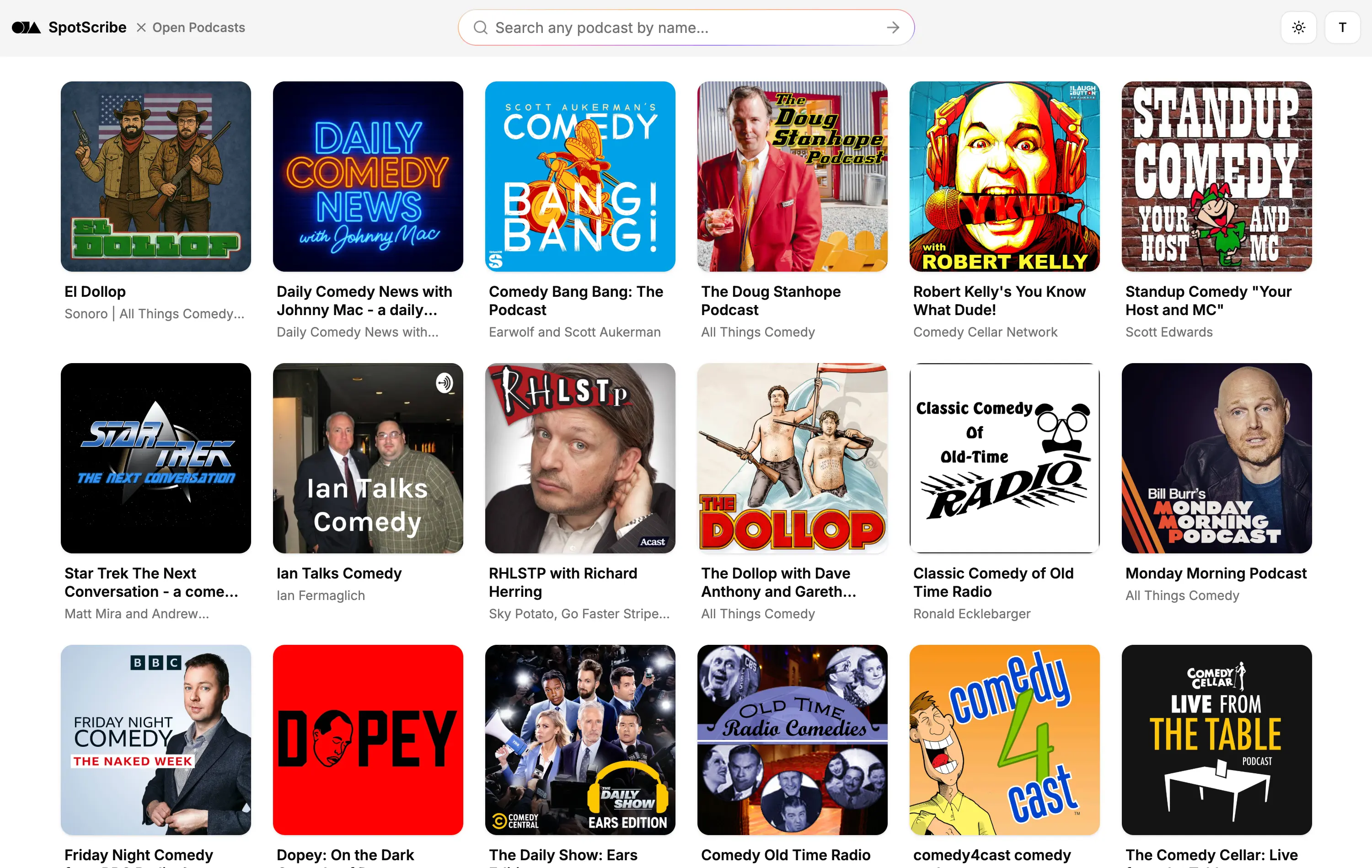 A screenshot of SpotScribe that shows how to find comedy podcast transcripts in one place