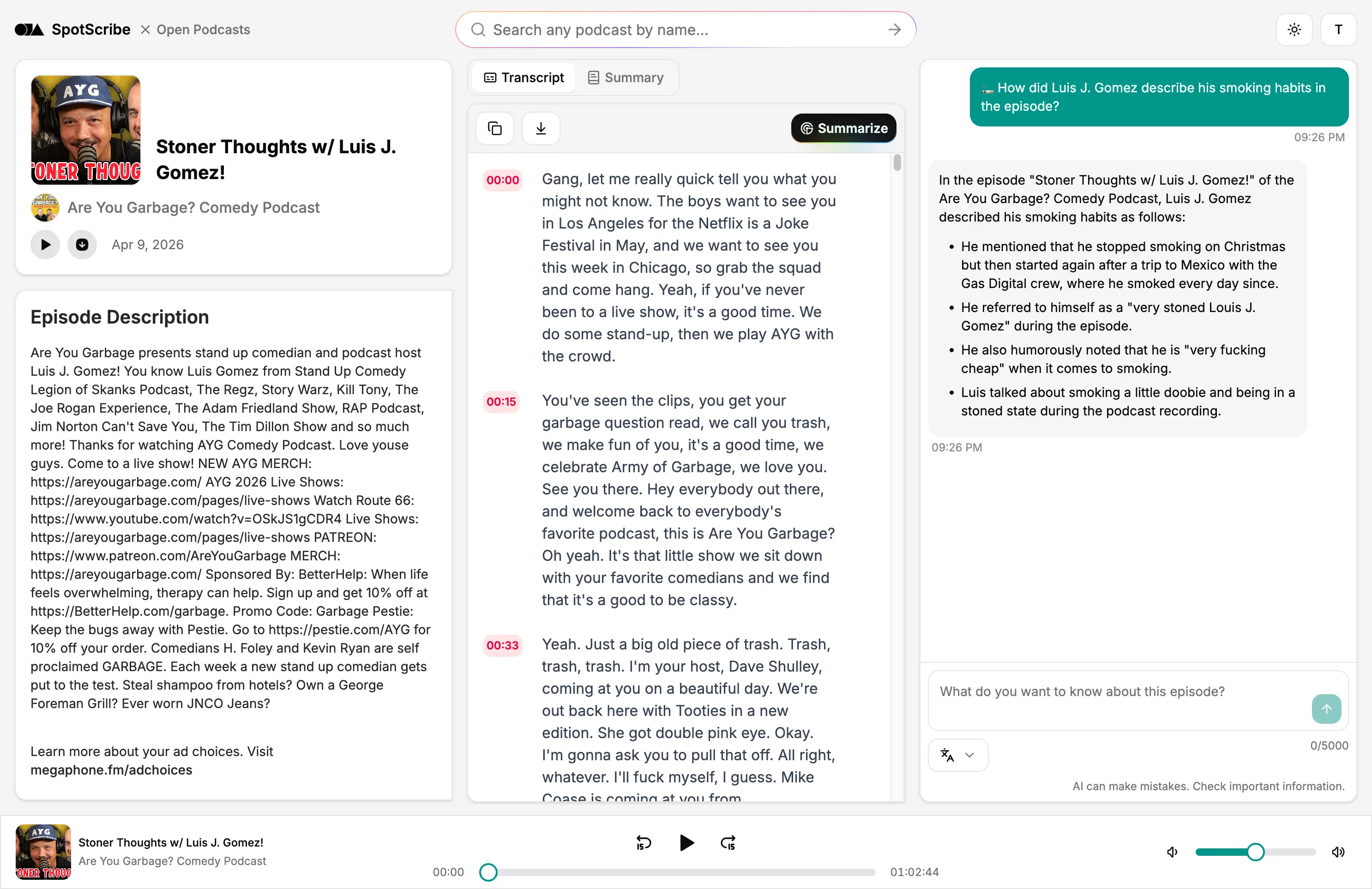 A screenshot of SpotScribe that shows how to get ideas and repurpose for your next comedy show