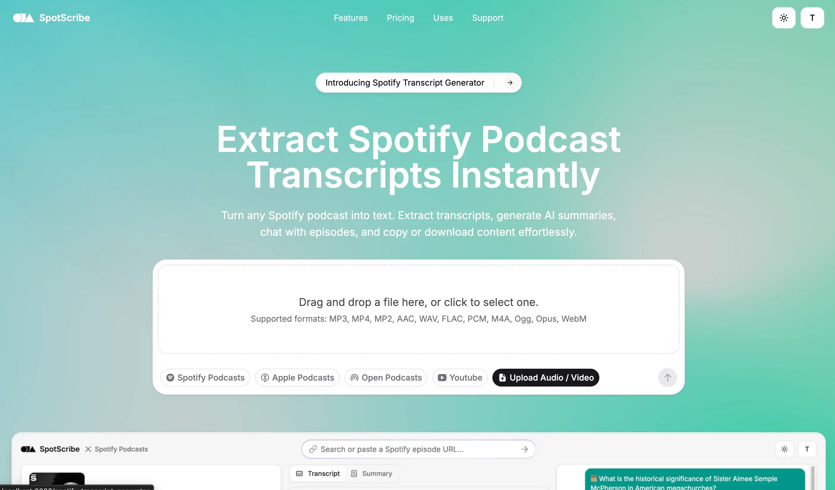 A screenshot of SpotScribe that shows how to upload your own podcast