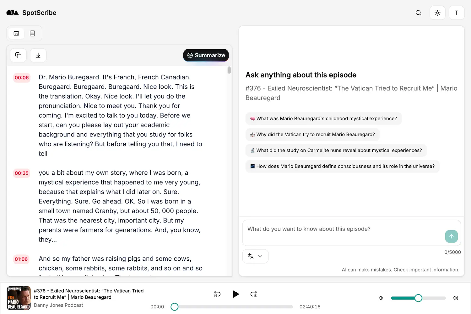 A screenshot of the SpotScribe app that shows ways to get Spotify Podcast Transcripts