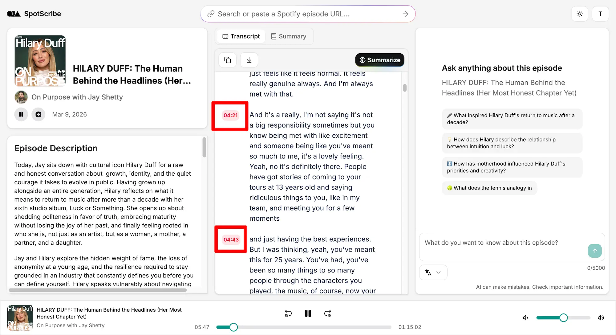 A screenshot of the SpotScribe app that shows how to get Searchable Transcript with Timestamps