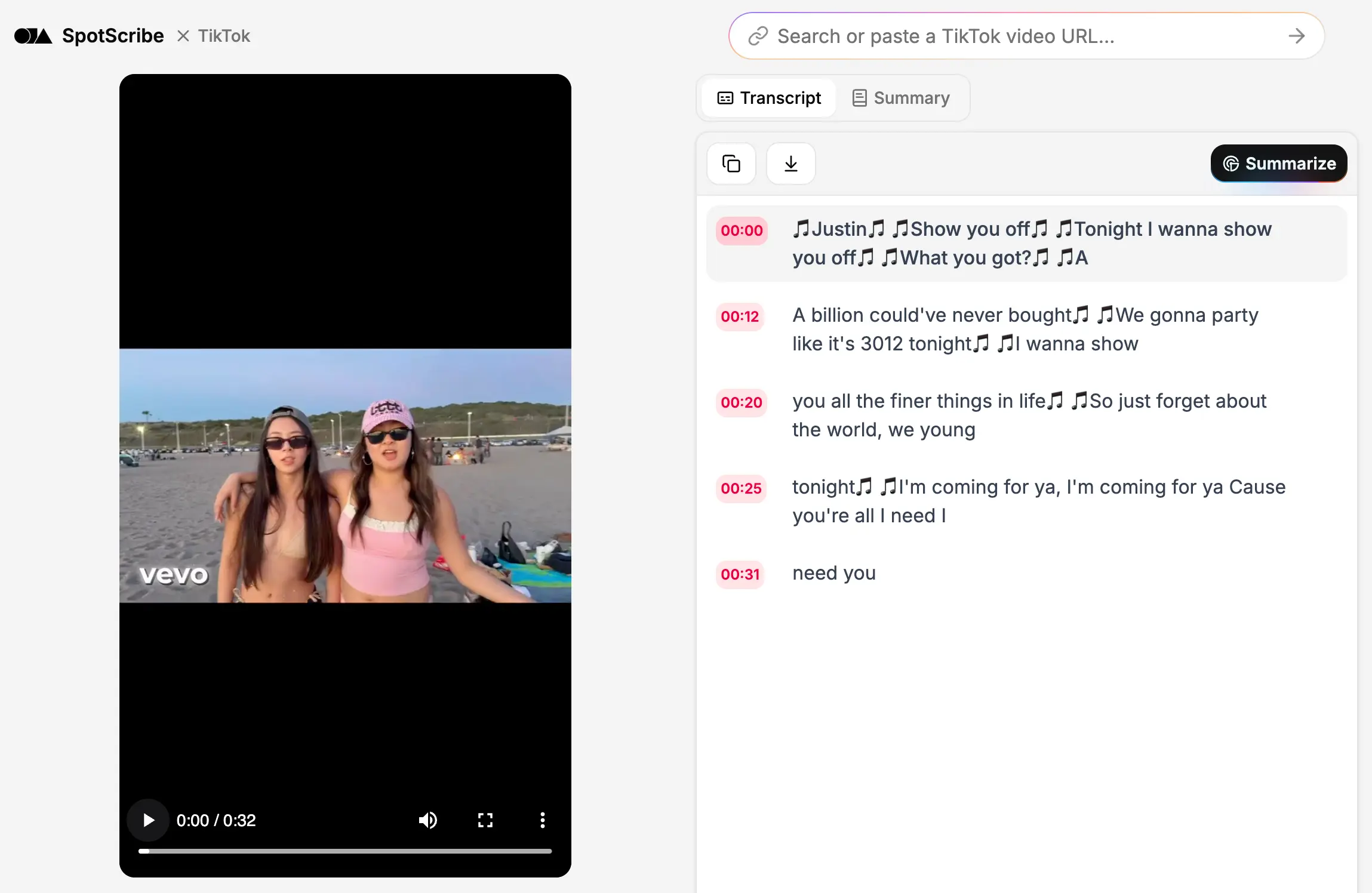 A screenshot of SpotScribe that shows how to extract song lyrics from any TikTok video