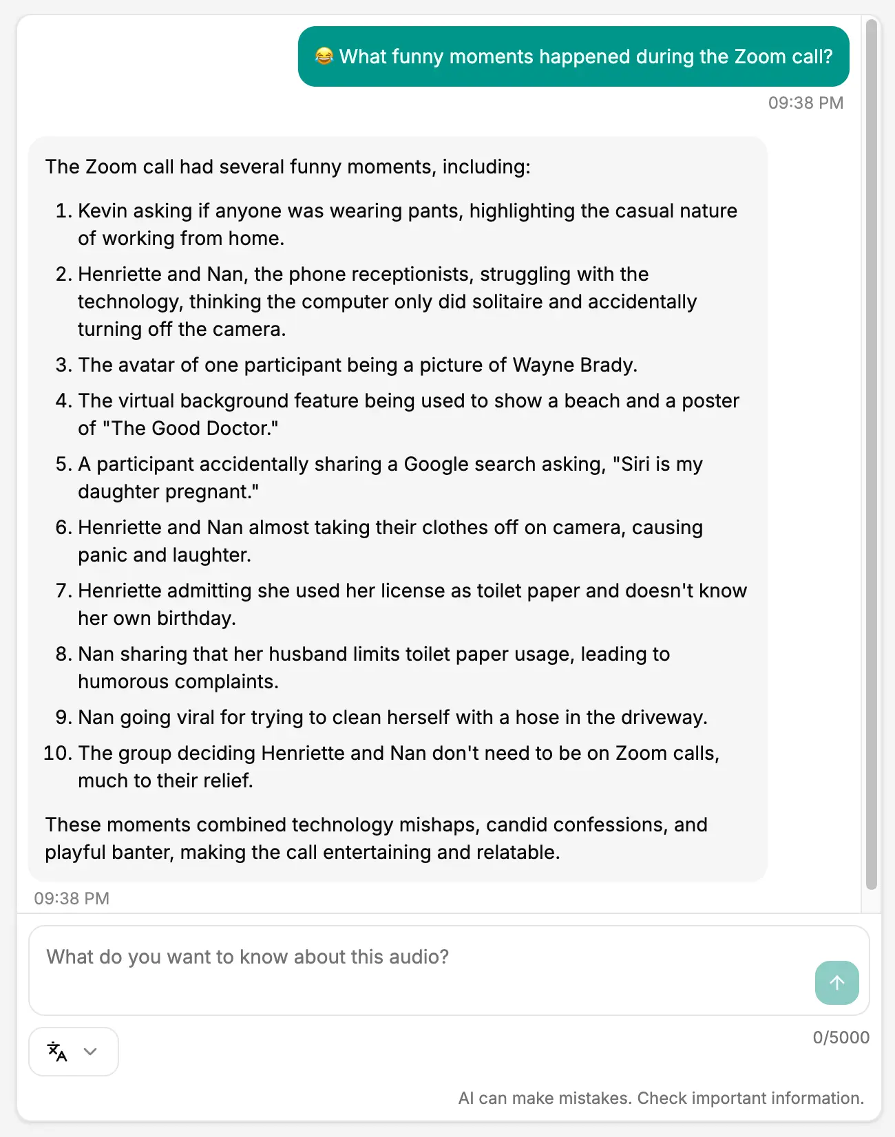 A screenshot of SpotScribe that shows how to search, summarize, and share your transcripts