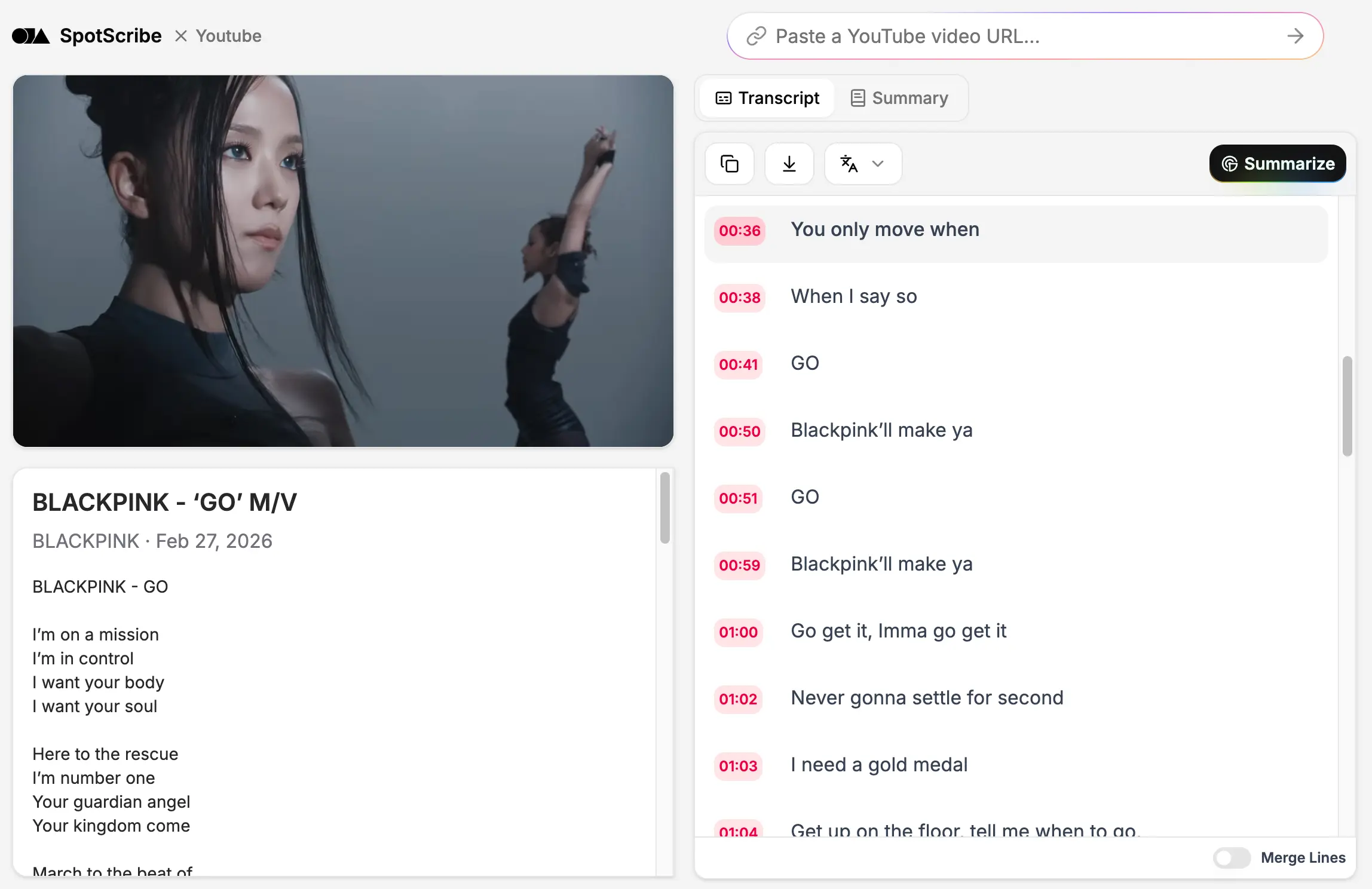 A screenshot of SpotScribe that shows how to generate lyrics from any YouTube song